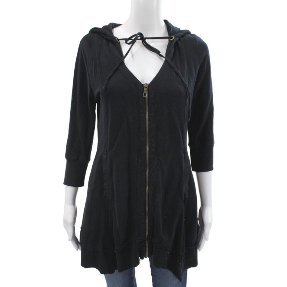 XCVI Women Full-Zip Hoodie Black Cotton Polyester 3/4 Sleeve Size M